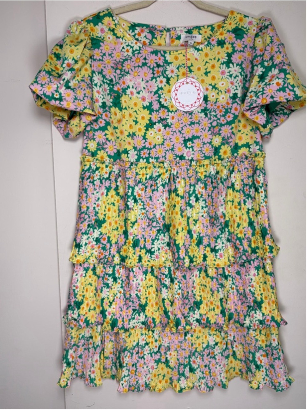Umgee Green Ditsy Floral Tiered Puff Sleeve Mini Dress Size M NWT